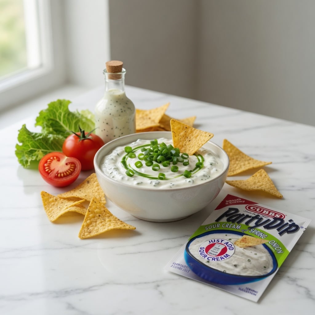 A bowl of Cubbs Party Dip with chips, lettuce and tomato on a marble counter